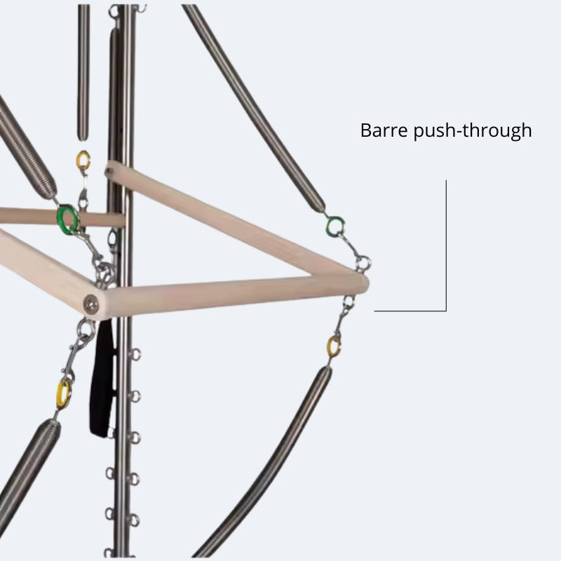 Zoom barre push-through bois clair et ressorts colorés mécanisme de réglage rapide reformer Pilates