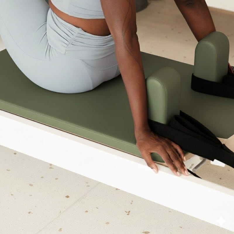 Personne utilisant Reformer Pilates AERO Olive en position assise sur coussin vert olive avec sangles noires