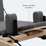 Vue rapprochée dossier amovible trois positions coussins gris foncé mécanique réglage reformer bois