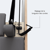 Réglage longueur cordes côté cadre molettes noires sangle tressée support métallique reformer