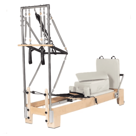 Reformer Pilates ESSENTIAL avec tour plateforme blanche cassée cadre érable massif finition naturelle