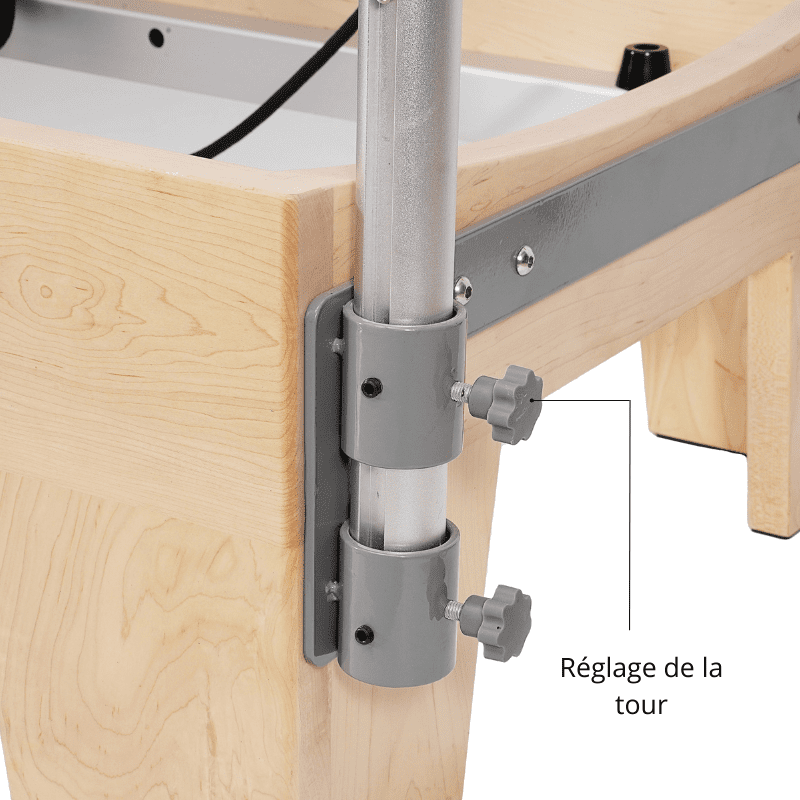 Mécanisme réglage tour chromé manettes étoilées support bois grain visible reformer Pilates