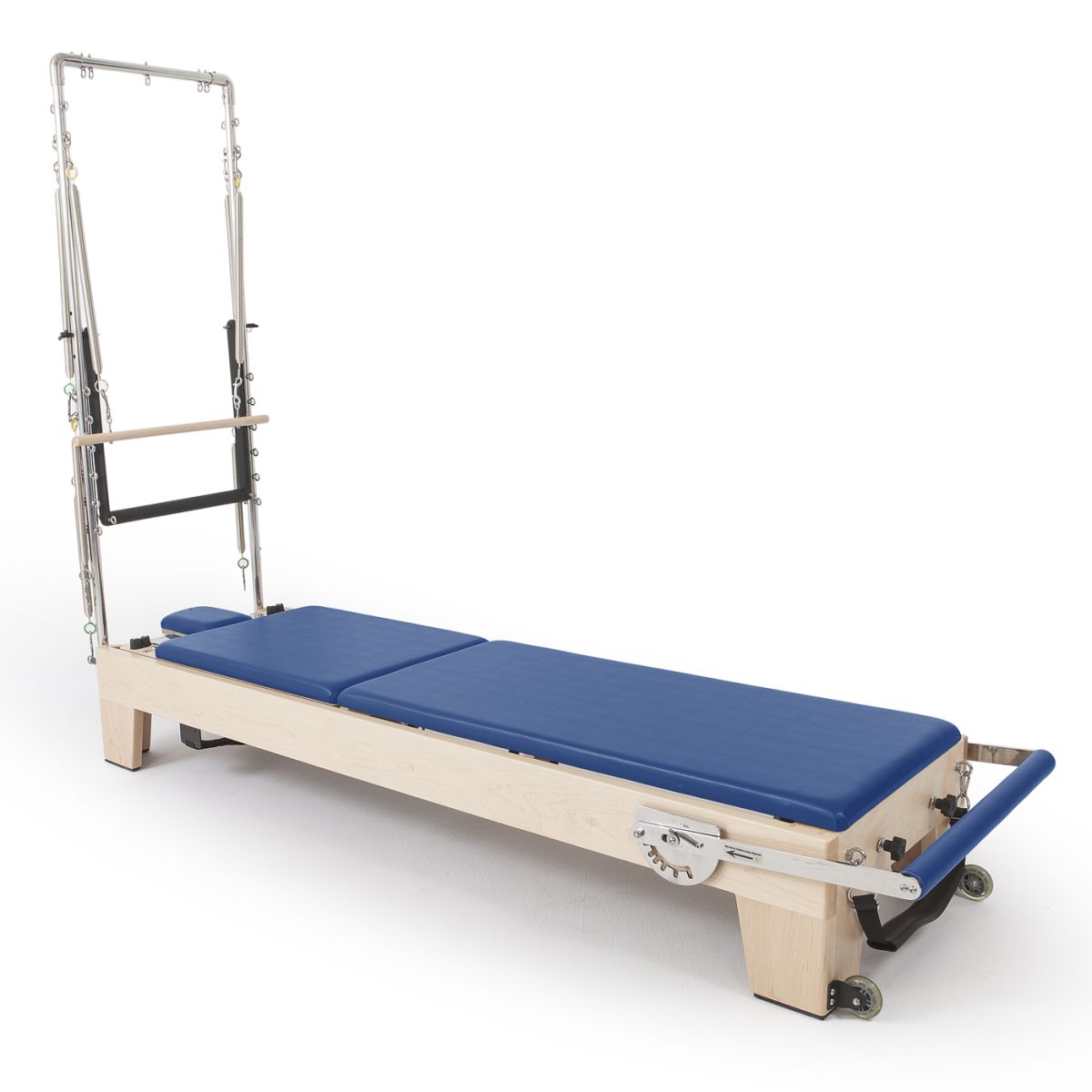 Reformer Pilates Elite en bois d'érable avec coussins bleu marine et mécanisme de réglage